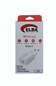 Elba ELB42 Beyaz 25W Şarj Kafa+ İphone Kablo USB-C PD3.0-QC4.0(Akım Koruma-Hızlı Şarj-)